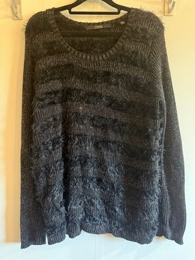 GUESS Black Metallic Eyelash Fuzzy Knit Sweater Size L Shimmer